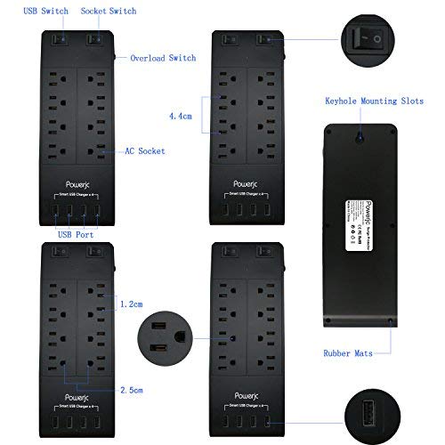 Surge Protector Power Strip Socket 8 Outlets With 4 Usb Smart Charging Port And 7.1-Foot Long Power Cord -Powerjc #TOP2
