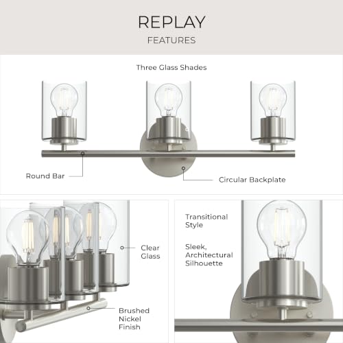 Image of Progress Lighting Replay 22 Inch 3-Light Vanity Light, Transitional, Brushed Nickel with Clear Glass Shades, (7.875 inch H x 22 inch W x 6 inch D), P300583-009