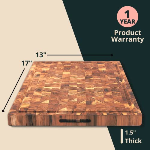 Large End-Grain Teak Wood Cutting Board, [17"L X 13"W X 1.5"T] Juice Groove, Reversible, Built-In Hand Grips By Shumaru California #TOP4