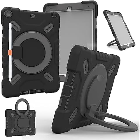 NLR FUN Pepkoo 4-Layer Shockproof Case for iPad 9th/8th/7th (10.2” iPad 2021/2020/2019) & iPad Air 3rd (10.5” iPad Air 2019), iPad Cover with Kickstand/Handle, Pencil Holder, Shoulder Strap (Black) Cover