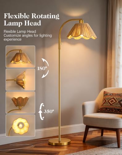 Image of QiMH Gold Floor Lamp for Living Room, Modern Standing Lamp with Raffia Lampshade, Stepless Dimmable Rotary Switch, 63 inch Farmhouse Adjustable Tall Stand up Lamp for Bedroom Home Office Boho Decor