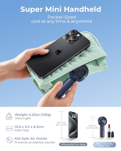 Image of ARCTICOOL Portable Mini Fan - Rechargeable Hand Fan with 3 Adjustable Speeds, 2000mAh Battery, Lightweight Design, Low Noise, and Easy Portability for Indoor and Outdoor Use (Blue)