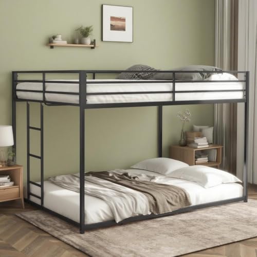 LINKHOO King Over King Bunk Bed for Adults, Heavy Duty Metal Low Bunk Beds with Ladder and Guardrails for Guest Room, Bedroom, Noise-Reducing Wooden Slat Supports, No Box Spring Needed, Black