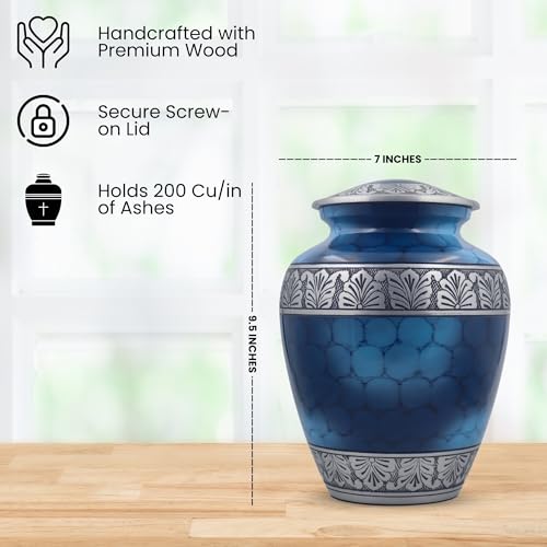 Silver Engraved Adult Cremation Urn for Human Ashes - Handcrafted Funeral Memorial Large Burial Urn (7.5" x 7.5" x 9.5"- 200lbs or 91kg, Cloud Blue) - Bag Included