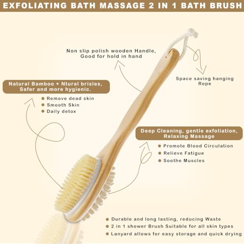 Image of Tony Stark 2-in-1 Long Handle Body Brush | Exfoliating & Massaging Bath Brush | Helps Reduce Cellulite | Boosts Blood Circulation | Gently Removes Dead Skin Cells | Natural Soft Bristles - 1 Piece