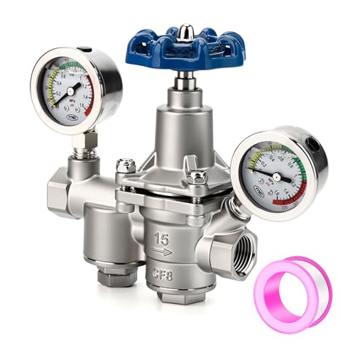 MEANLIN MEASURE 1/2" Adjustable Water Pressure Reducing Valve, DN15, 304 Stainless Steel Pressure Regulator with Dual 0-220 PSI Gauges & Blue Handwheel, for Home Plumbing, Industrial Water Pipe System