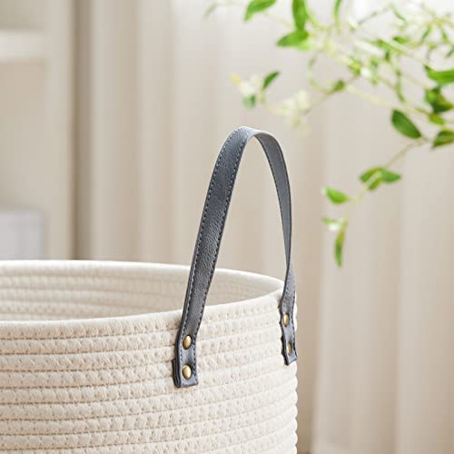 Image of VIPOSCO 72L Tall Woven Rope Laundry Hamper, Leather Handles, Grey & White | Large Wicker Laundry Basket for Dirty Clothes, Blanket, Toy, Towel, Yoga Mat, Storage Bin in Bedroom, Bathroom, Living Room