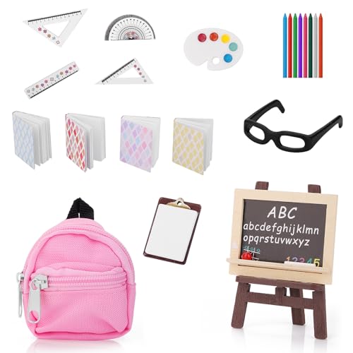 Andibro Juego Escolar de muñecas en Miniatura, 22 Piezas, 1:12, Mini Suministros Escolares, Modelo en Miniatura, decoración de Bricolaje, Libro de muñecas, Mochila, Pizarra, portapapeles