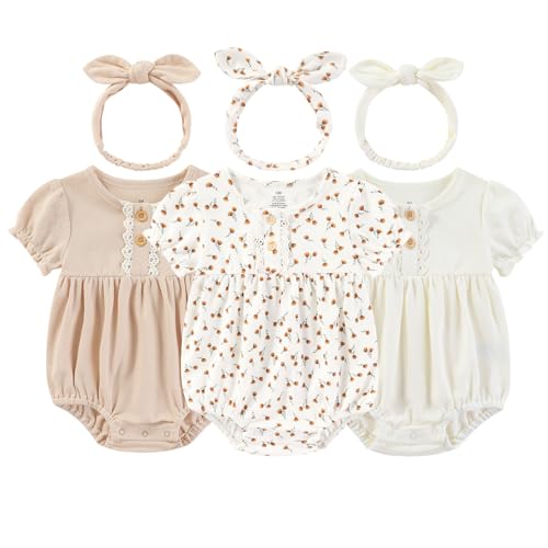 Image of Ruliby Baby Girl Outfit Cotton Bubble Romper Floral Dress Infant Girls Clothes 3-pack