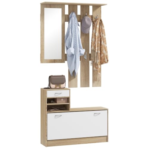 HOMCOM Conjunto de Recibidor de Entrada Espejo Zapatero Perchero Natural