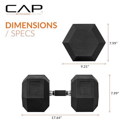 Image of CAP Rubber Coated Dumbbell Weights, Free Weights for Home Gym Strength Training, Anti-Roll Hex Dumbbells with Black, Chrome & Comfort Grip Handles, Singles