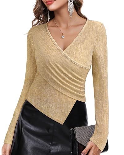 VALOLIA Womens Dressy Tops: Sequin Shirts for Women - Gold