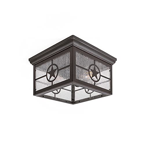 Coramdeo Country Star Square 2 Light Ceiling Mount Farmhouse Fixture, Indoor Or Outdoor, Two Standard Sockets, Open Bottom, Damp Location, Rust Finish With Seedy Glass #TOP1