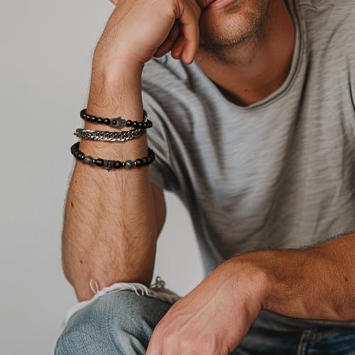 3pc Mens Beaded Bracelets Silver Stainless Steel Chain Bracelet for Men Handmade Braided Bracelet Sets Jewelry Gifts for Men4