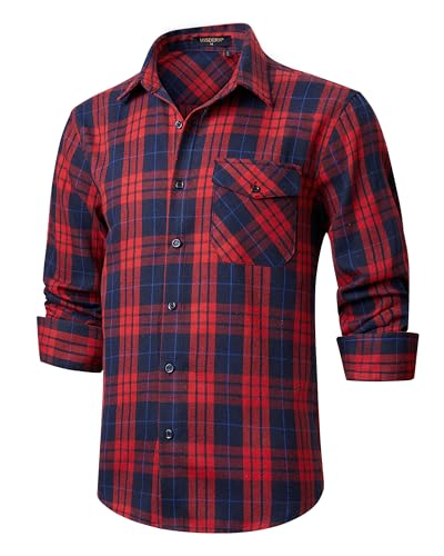 HISDERN Men's Shirts Long Sleeve Casual Plaid Flannel Shirt Checked Button Down Shirts Red/Blue 4XL