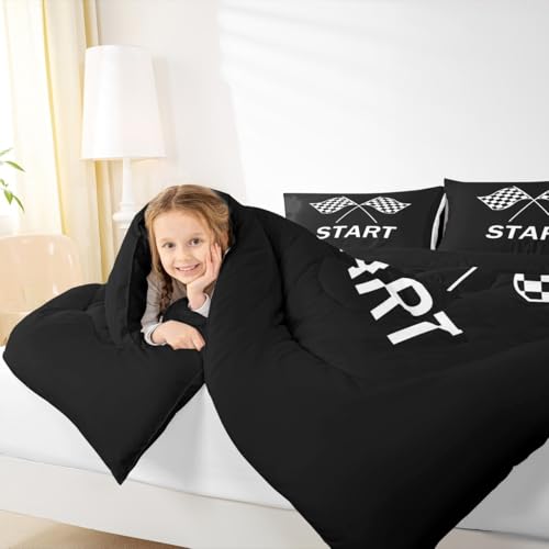 Image of Feelyou Kids Race Sports Flag Bedding Set Full Size, Racing Car Duvet Insert Checkered Flags Comforter Set Boys Girls Teens Bedroom Decor with 2 Pillow Case