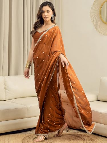 Image of AKHILAM Women's Shimmer Pure Georgette Embroidered Ready To Wear one Minute Saree With Unstitched Blouse Piece