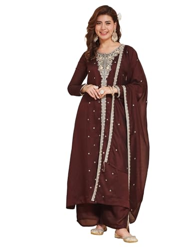 Image of MOKOSH Women's Silk Embroidery Anarkali Kurta Pant with Dupatta | Anarkali Kurta Set | Round Neck Full Sleeve Ethnic Suit | Indian Kurta Outfit with Pant | 3 Piece Outfit