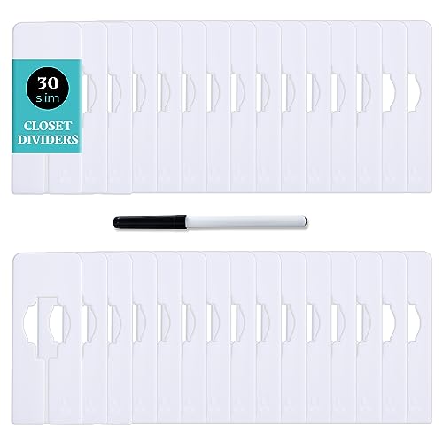 30 Closet Dividers for Hanging Clothes- Rectangle Clothing Size Dividers for Racks, Slim White Closet Divider Set with Marker (30 SLIM)