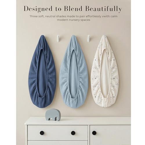 Image of MairMore 3 Pack Muslin Bassinet Sheets for Babies, Soft & Breathable 100% Cotton Fitted Sheets for Oval, Rectangle, Hourglass Bassinet Mattress Pads (Starry Sky)