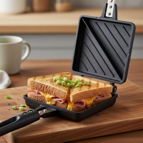 Image of Sandwich Maker for Gas Stove Non Stick | Jumbo 2 Slice Grill Sandwich Toaster | Crispy Toasted Bread Sandwich Maker | Heat Resistant Handle | Black (Jumbo 2-Cut Sandwich Toaster)