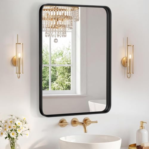 Image of NEWBULIG 22 inchx30 inch Wall Mirror, Bathroom Mirrors for Over Sink, Black | Matte Metal Framed Vanity Mirror with Tempered Glass, Entryway, Living Room, Bedroom