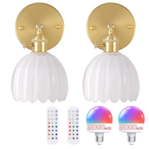 Shenmoyl Vintage Battery Operated Wall Sconce with White Tulip Glass Lampshade 5000 mAh Rechargeable Battery Powered Wall Light with Remote Control for Bedside Bedroom Doorway, Set of 2