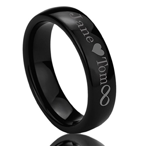 Personalized Outside Inside Engraving Titanium Wedding Band Ring 6mm Black Polished Domed Ring
