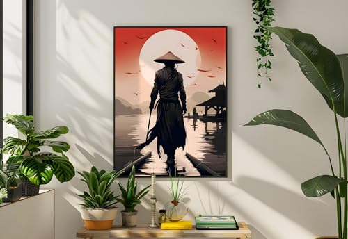 Poster Samouraï Ronin Japonais avec Soleil Levant - Grande Affiche Décorative Zen 60x90 cm