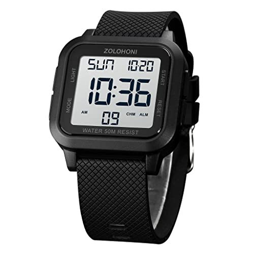 zolohoni Square Men's Digital Watch Big Numbers Dial Large Face Waterproof LED Watches with Alarm Date Stopwatch, Blanco y negro, Modern