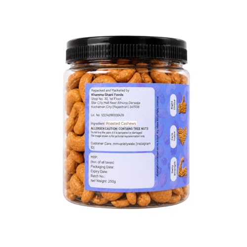 Image of M&M Varietywala Premium Roasted Cashews | 1kg (4x250g Airtight Jar) | 4x250g Reusable Jars, 1kg Family Mega Pack, Salted Roasted Kaju, Whole Cashew Nuts, Crunchy Evening Snack, Festive Gifting