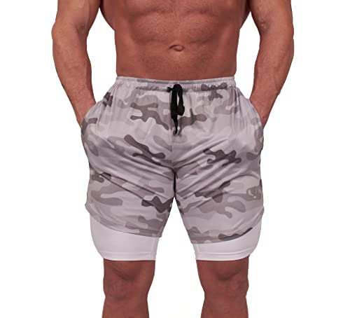 Ronex Sports Pantalones Cortos Deportivos, Pantalón Corto para Hombre - Pantalón Corto Ideal para Running, Correr, Fitness con Malla de compresión Interna - Shorts Deportivos (Camuflaje Blanco, 2XL) Cover
