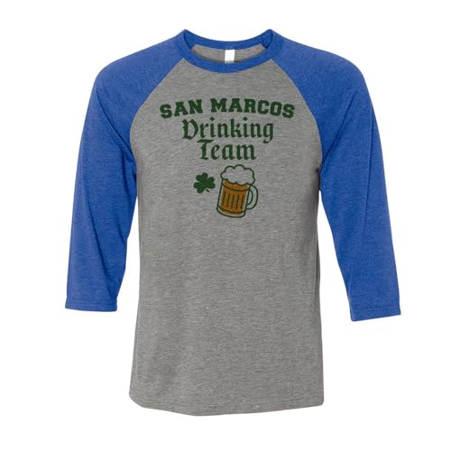 San Marcos Drinking Team St. Patrick's Day Three-Quarter Raglan Sleeve Baseball Shirt Unisex Medium Grey/Royal