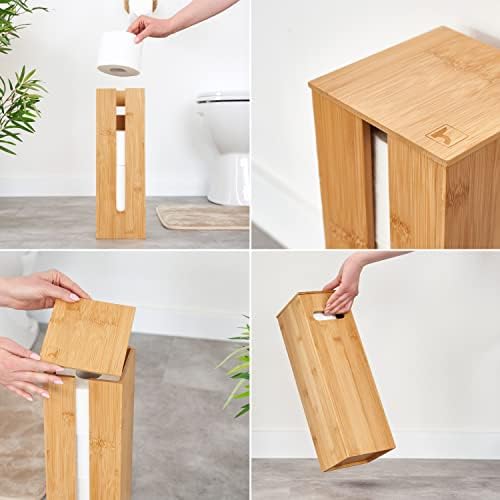 HENNEZ Bamboo Toilet Roll Storage 3 Rolls with Lid - Free Standing Toilet Roll Holder Free Standing Bathroom Toilet Loo Roll Holder Stand -Toilet Roll Holders Free Standing, Toilet Paper Holder Basket