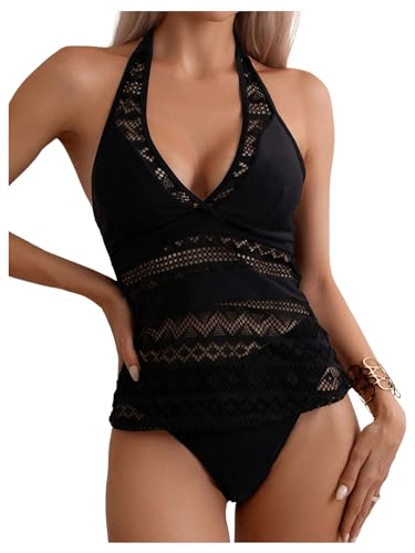 GORGLITTER Women's Crochet Halter Tankini Swimsuits Summer Bow Lace High Waisted Bathing Suit Beach Swim Wear 20253