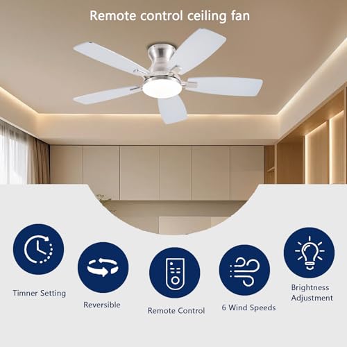 Image of JSAITEE Ceiling Fans with Lights, 42 Inch Low Profile Ceiling Fan with Light, Flush Mount, DC Reversible Motor, Noiseless, Nickel 6 Speeds Ceiling Fan for Bedroom