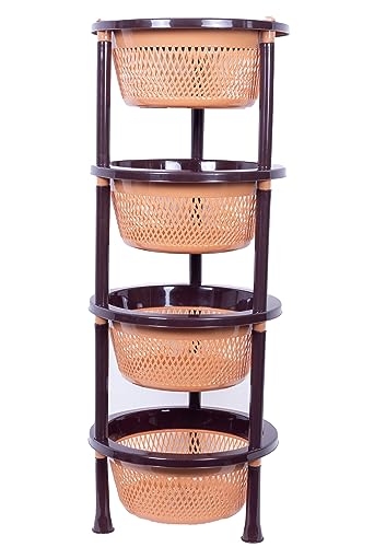 Image of TeDeMel Desire TESLA4 Virgin Plastic 4-Layer Kitchen Rack | Vegetable Storage Basket for Onion & Potato | Multipurpose Storage Stand for Kitchen & Home | Light Brown