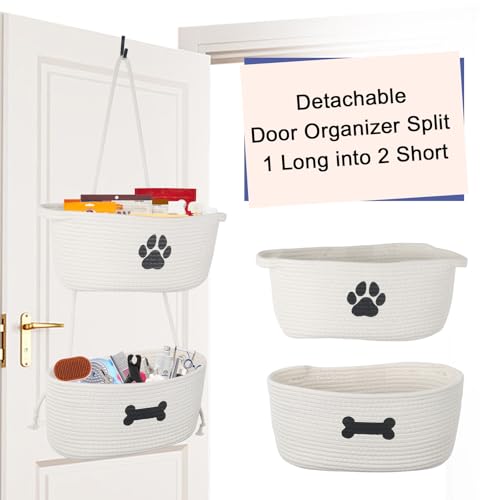 2-Tier Dog Baskets,Over Door Hanging Oganizer for Pet Stuff with Metal Hooks,Cotton Rope Wall-Mounted Storage Organizer for Dog Leash/Harness/Small Toys/Trash bag - Beige - Image 6