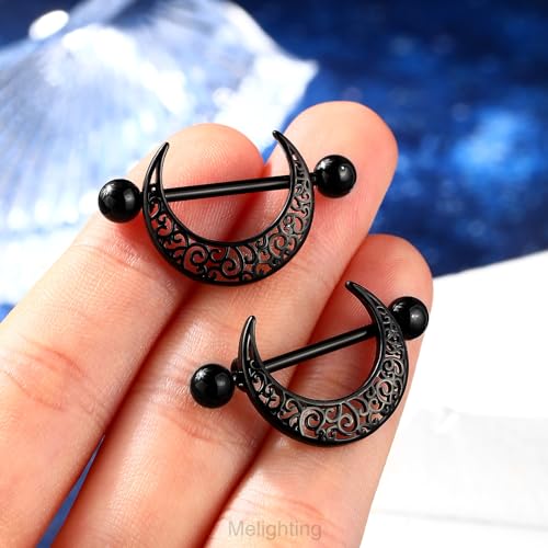 Melighting Black Nipple Rings 14G Pattern Piercing Jewelry for Women - Stainless Steel 316L Moon Barbell2