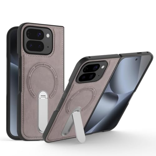 Housse en cuir Google Pixel 10 Pro Fold antichoc gris dotée d'un anneau de support en métal rotatif