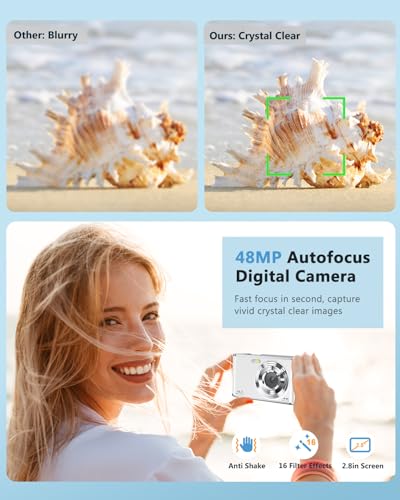 4K Digital Camera, 48MP Autofocus Kids Camera Selfie with Front and Rear Dual Lenses, 32GB Card, 2 Batteries, 16X Digital Zoom, Compact Travel Vlogging Video Camera Gift for Kid Teen Beginner(White) - Image 5