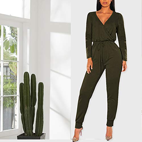 Fixmatti Women Long Sleeve V Neck 1PC Drawstring Jumpsuit Outfit Army Green S