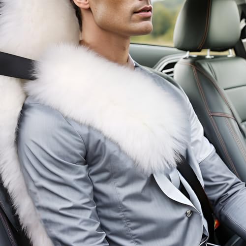 Image of 2 Pack Sheepskin Car Seat Belt Cover Pads | Long Wool Seatbelt Cushions