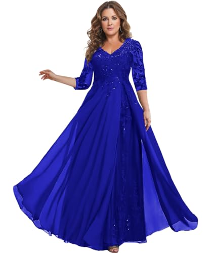 Image of HANVAIOS Sparkly Mother of The Bride Dresses for Women Long Chiffon 3 /4 Sleeve Lace Appliques Formal Gown