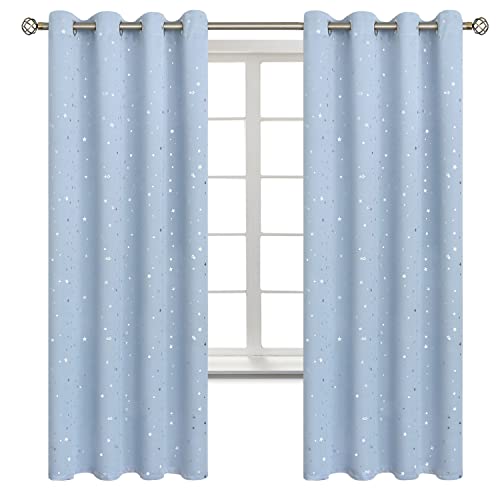 Image of BGment Star Room Darkening Curtains for Kids Bedroom - Grommet Thermal Insulated Silver Star Print Kids Curtains for Living Room, Set of 2 Panels, Baby Blue, 52 x 72 Inch