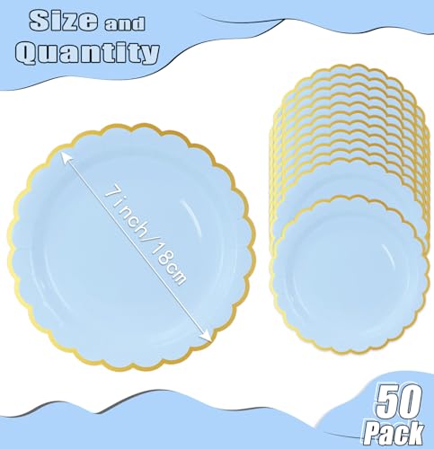 Image of HEIPINIUYE 50 Pieces Light Blue Paper Plates with Gold Foil 7 Inch Disposable Baby Blue Scalloped Dinner Plates for Wedding Baby Shower Birthday Party Dessert Plate