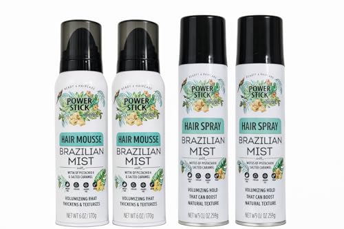 Power Stick Forte Brazilian Mist Hair Spray and Hair Mousse Set, Pistachio and Salted Caramel Scent, Volumizing Hold, 4 Pack (2 Sprays, 2 Mousses)