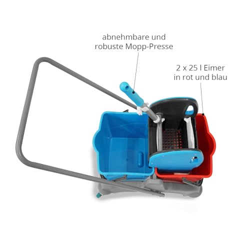 Hypafol Putzwagen Reinigungswagen Set | 2 x 25 l Eimer mit Wischmopp-Presse und Kehrgarnitur | inkl. 2X 50cm Baumwoll Wischmopp, 1x Mikrofaser-Mopp | je 4 Mikrofasertücher in rot, gelb, grün, blau – Bild 4