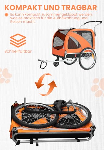 SEPNINE® Hunde Fahrradanhänger XL, 2 in 1 Hundeanhänger & Jogger mit Reflektor und Bremse, 600D Oxford Canvas, maximale Belastung 40kg-Orange