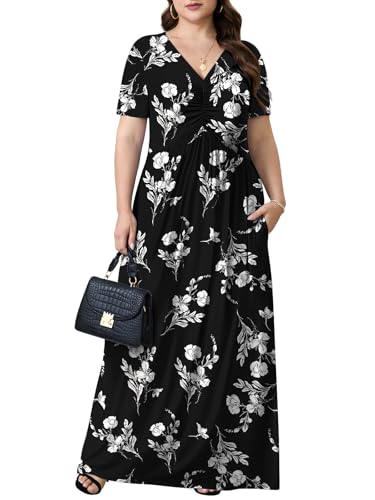 Image of PEVRL Plus Size Summer Maxi Dress for Curvy Women with Pockets 1X-5X | Short Sleeve, Twisted Front V-Neck, Summer Casual A Line Flowy Dress, Empire Waist Floral Print Beach Vacation Long Dress